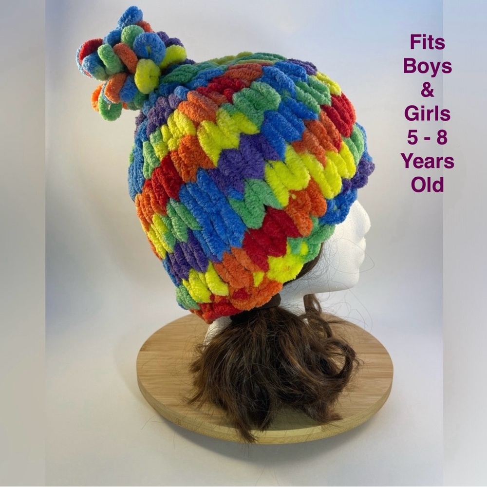 Handmade Kid’s Super Soft & Cozy Winter Hat With Loopy Pom-Pom - Rainbow